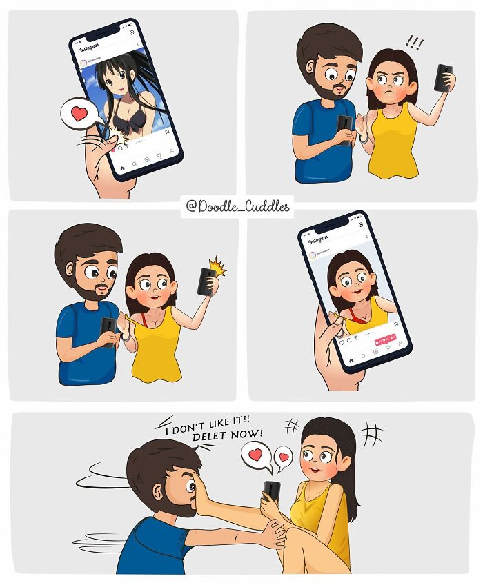 Couple in doodle cuddles comic taking selfies and reacting to photos, capturing everyday couple life with humor.