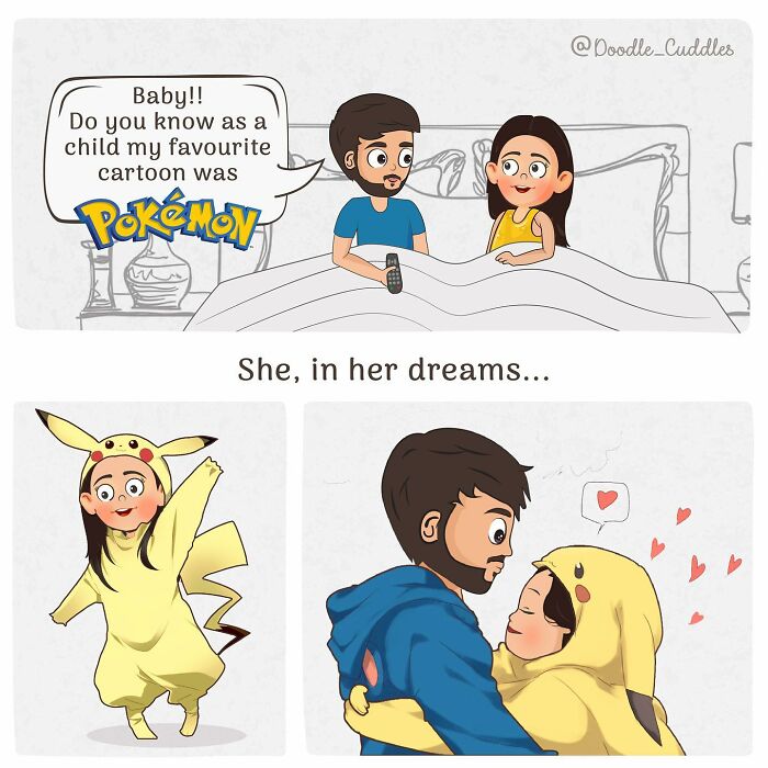 Couple in bed talking about childhood cartoons with Pokémon, woman dreaming in Pikachu costume hugging partner comic doodle cuddles.