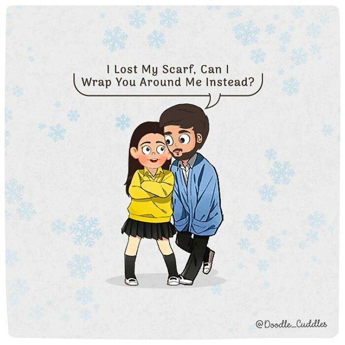 Couple sharing a sweet moment in a Doodle Cuddles comic with winter snowflakes and playful dialogue.