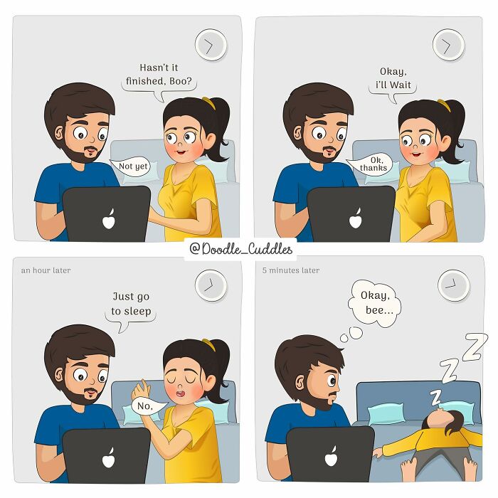 Couple sharing a sweet moment in a doodle cuddles comic about everyday couple life and patience.