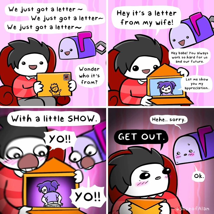 Comic strip from A Slice Of Alan showing a quirky adult humor scene with a letter and a surprising mailbox character.