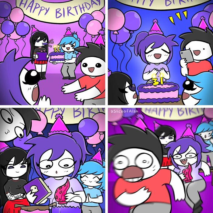 Birthday party scene from a Slice of Alan comic featuring colorful characters in a bizarre adult-oriented humor style.