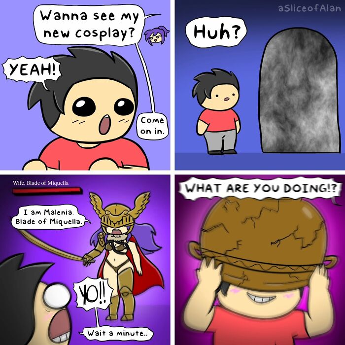 Comic panels from a slice of Alan showing a character’s bizarre cosplay with adult-oriented humor and fantasy elements.