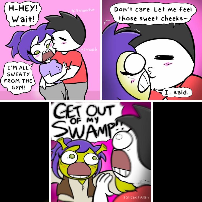 Comic panels from A Slice Of Alan showing humorous adult-oriented interaction with vibrant characters and exaggerated expressions.