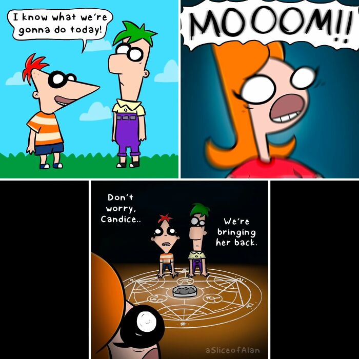 Hilariously bizarre Slice of Alan comic panels featuring adult-oriented humor with quirky characters and dark magical themes.