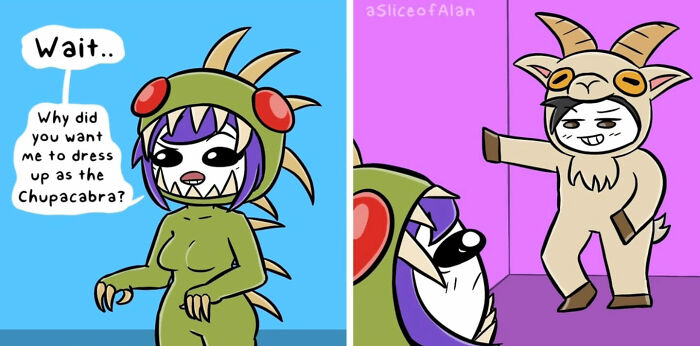 Hilariously bizarre A Slice Of Alan comic panels featuring quirky characters in adult-oriented humorous costumes.