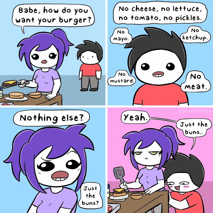 Comic from A Slice Of Alan showing a humorous burger order with adult-oriented humor in a colorful cartoon style.