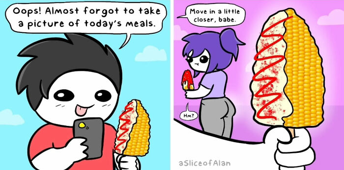 Cartoon character taking a photo of corn with sauce, while another character makes a suggestive comment in adult-oriented humor comic.