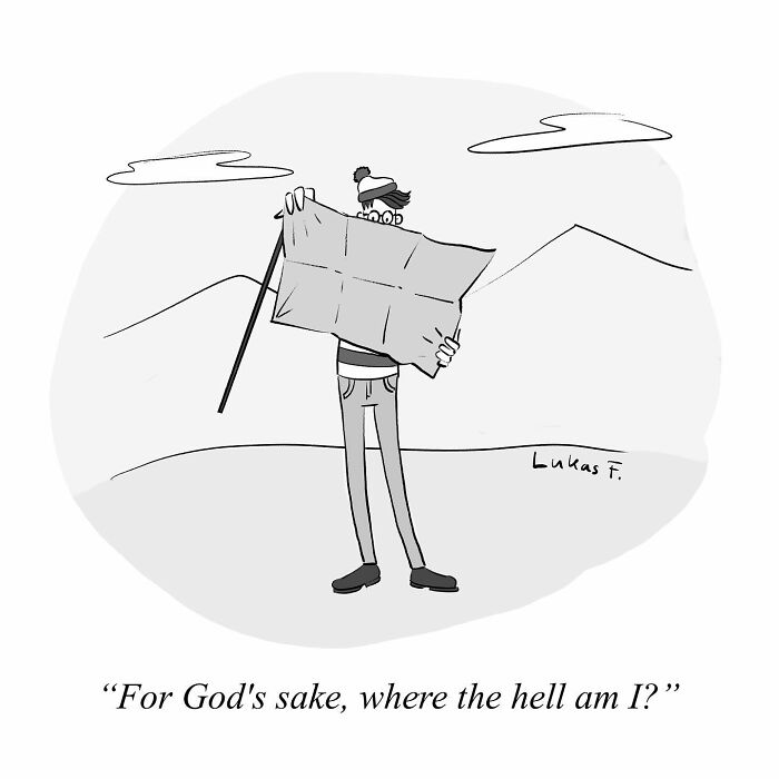 Cartoon by Lukas F. showing a confused man holding a map in a minimal mountain landscape, illustrating single-panel humor.