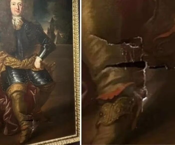 18th century painting with a large torn hole caused by a tourist damaging the artwork while taking a selfie in Italy.