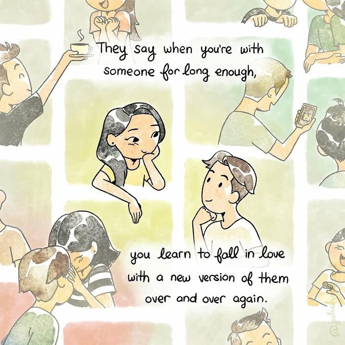 Illustration showing couples and text about love, capturing the ups and downs of life in moving stories by Julie Hang.