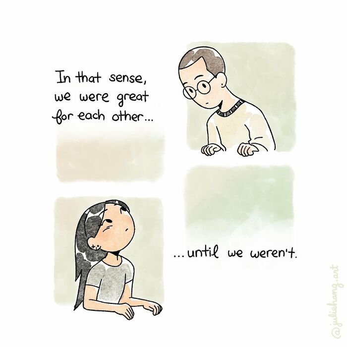 Illustration by Julie Hang showing two people reflecting on relationships, capturing the ups and downs of life emotions.