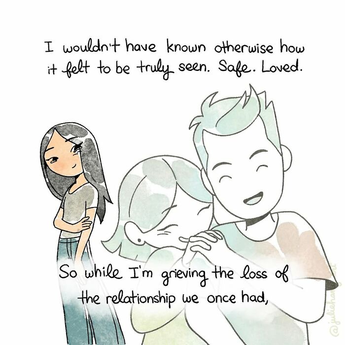 Illustration with handwritten text about grief and relationships, capturing the ups and downs of life stories by Julie Hang.