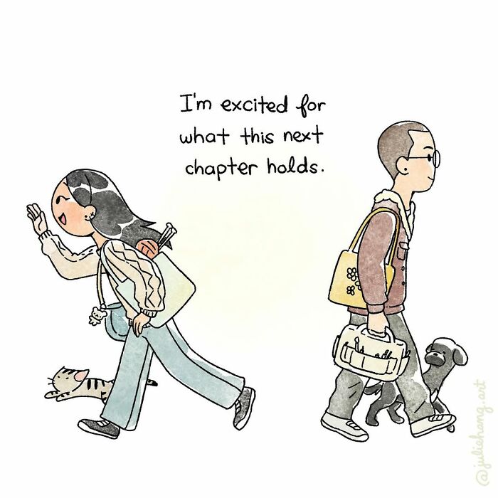 Illustration of two people walking in opposite directions with dogs, capturing the ups and downs of life in moving stories.
