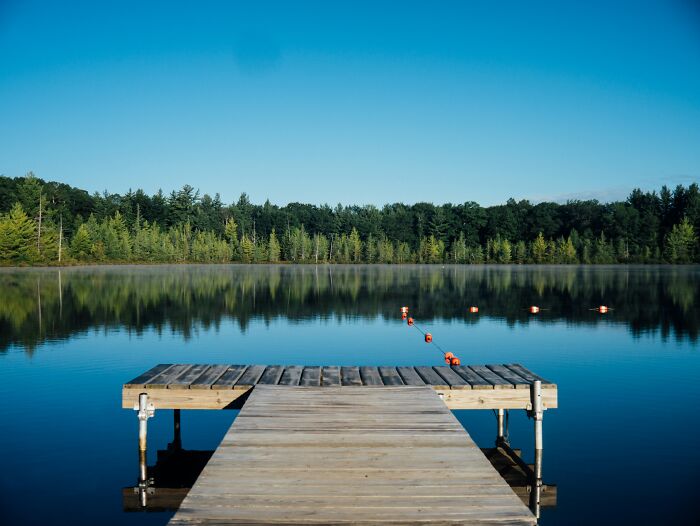 Calm lake with a wooden dock extending over the water, reflecting trees and clear blue sky at sunrise.