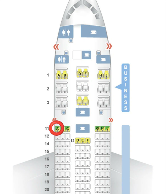 Air India business class seat map highlighting seat A11 with survivor's guilt theme. Air India business class seat map highlighting seat A11 with survivor's guilt theme.