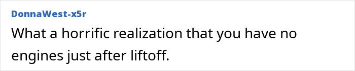 Text post by user DonnaWest-x5r stating a realization about having no engines just after liftoff, related to Air India plane crash. Text post by user DonnaWest-x5r stating a realization about having no engines just after liftoff, related to Air India plane crash.