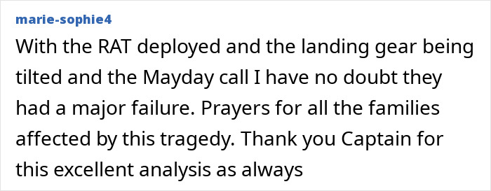 User comment mentioning RAT deployment, landing gear tilt, and Mayday call linked to Air India plane crash analysis and prayers for families. User comment mentioning RAT deployment, landing gear tilt, and Mayday call linked to Air India plane crash analysis and prayers for families.