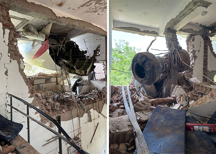 Damaged Air India plane wreckage inside a building, highlighting the aftermath experienced by survivors with survivor's guilt. Damaged Air India plane wreckage inside a building, highlighting the aftermath experienced by survivors with survivor's guilt.
