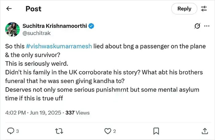 Tweet from actress accusing Air India crash miracle survivor of lying, sparking outrage on social media. Tweet from actress accusing Air India crash miracle survivor of lying, sparking outrage on social media.