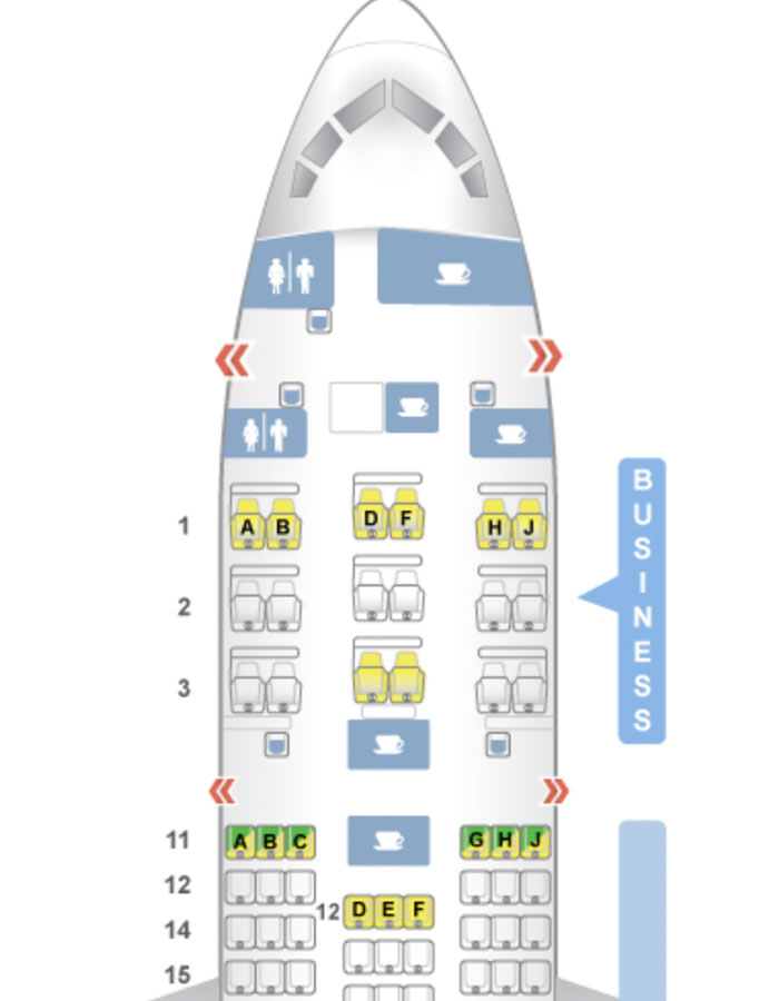 Airplane seating layout highlighting business class seats and facilities related to plane crash survivors. Airplane seating layout highlighting business class seats and facilities related to plane crash survivors.