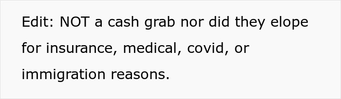 Text on a white background clarifying that the couple did not elope for insurance, medical, COVID, or immigration reasons.