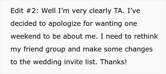 Text excerpt from a bride’s dream bachelorette apology about wanting one weekend focused on herself and rethinking friend group. Text excerpt from a bride’s dream bachelorette apology about wanting one weekend focused on herself and rethinking friend group.