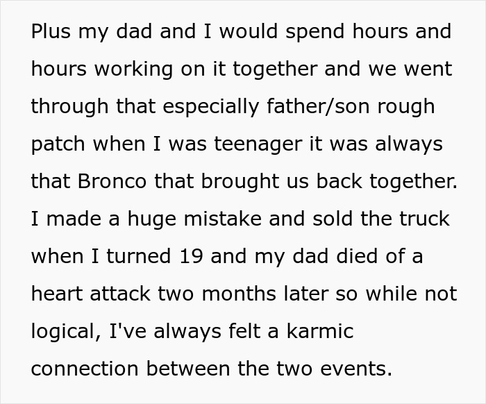 Text about a man recalling his father and teenage years connected to a Ford Bronco, highlighting high school memories. Text about a man recalling his father and teenage years connected to a Ford Bronco, highlighting high school memories.