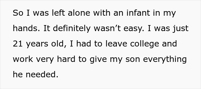 Text excerpt describing a young parent’s struggle raising a son alone after being left with an infant in hand. Text excerpt describing a young parent’s struggle raising a son alone after being left with an infant in hand.
