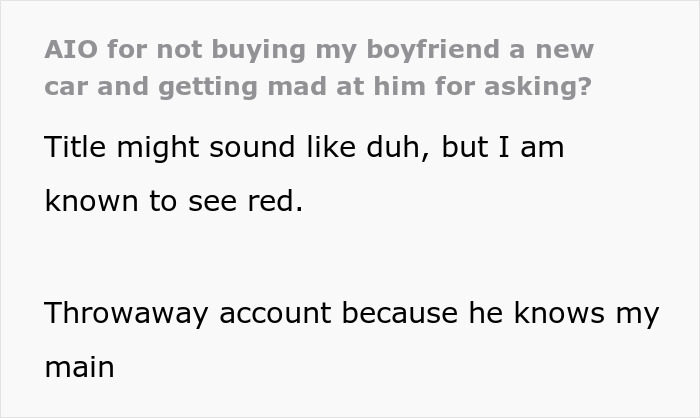 Text post about a jobless guy expecting his provider girlfriend to share her $20K win and buy him a car. Text post about a jobless guy expecting his provider girlfriend to share her $20K win and buy him a car.