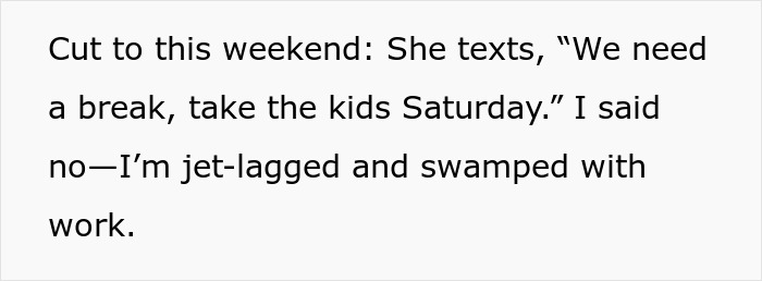 Text message conversation showing a sister refusing endless babysitting requests due to jet lag and work overload. Text message conversation showing a sister refusing endless babysitting requests due to jet lag and work overload.