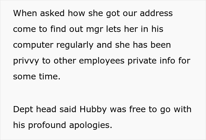 Text excerpt about a woman stalking colleague to confirm he’s sick and privacy breaches at work. Text excerpt about a woman stalking colleague to confirm he’s sick and privacy breaches at work.