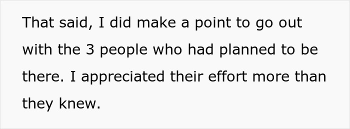 Text on a white background about appreciating the effort of longtime friends who planned a ghost friend’s birthday gathering.