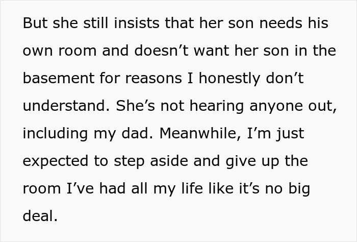 Text excerpt showing a family conflict over room arrangements involving a 22YO confronting dad about his girlfriend's living demands. Text excerpt showing a family conflict over room arrangements involving a 22YO confronting dad about his girlfriend's living demands.