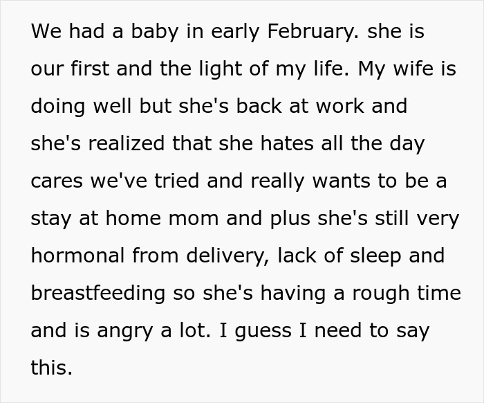 Text excerpt discussing postpartum challenges and wife’s desire to be a stay-at-home mom after having a baby. Text excerpt discussing postpartum challenges and wife’s desire to be a stay-at-home mom after having a baby.