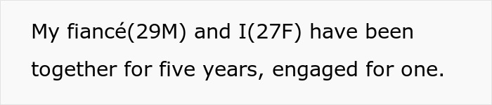 Text excerpt from a couple discussing their five-year relationship and one-year engagement, hinting at groom-to-be cold feet jokes. Text excerpt from a couple discussing their five-year relationship and one-year engagement, hinting at groom-to-be cold feet jokes.