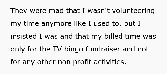 Text excerpt about non-profit employee defending billed hours for TV bingo fundraiser amid accusations. Text excerpt about non-profit employee defending billed hours for TV bingo fundraiser amid accusations.