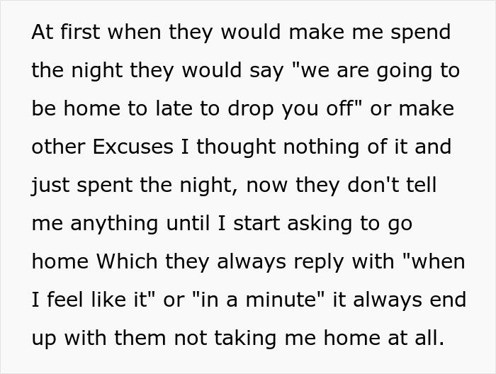 Text showing a teen girl struggle babysit step siblings as she is kept overnight without clear plans to go home.