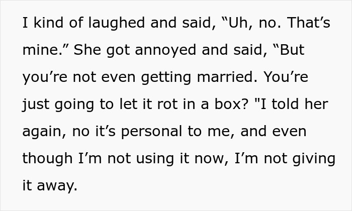 Woman explaining to her sister why she won’t give away her wedding dress, sparking wedding dress sisters drama. Woman explaining to her sister why she won’t give away her wedding dress, sparking wedding dress sisters drama.