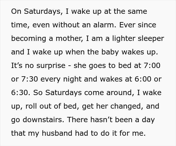 Wife sacrifices sleep while husband enjoys lazy mornings, creating a one-sided effort in Sunday deal. Wife sacrifices sleep while husband enjoys lazy mornings, creating a one-sided effort in Sunday deal.