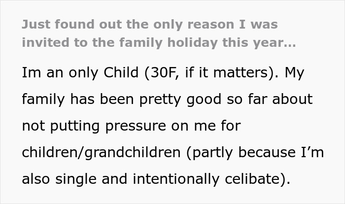 Woman finds out the only reason she's invited to family holiday is to babysit, feeling pressured despite being single and childfree. Woman finds out the only reason she's invited to family holiday is to babysit, feeling pressured despite being single and childfree.