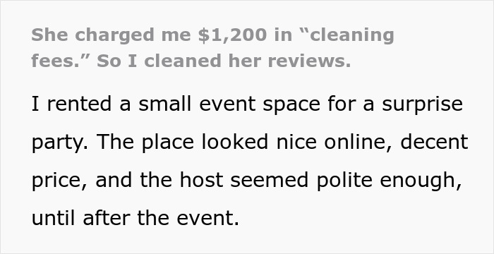 Text excerpt from a guest describing a venue host charging $1,200 cleaning fees after an event, leading to reputation damage. Text excerpt from a guest describing a venue host charging $1,200 cleaning fees after an event, leading to reputation damage.