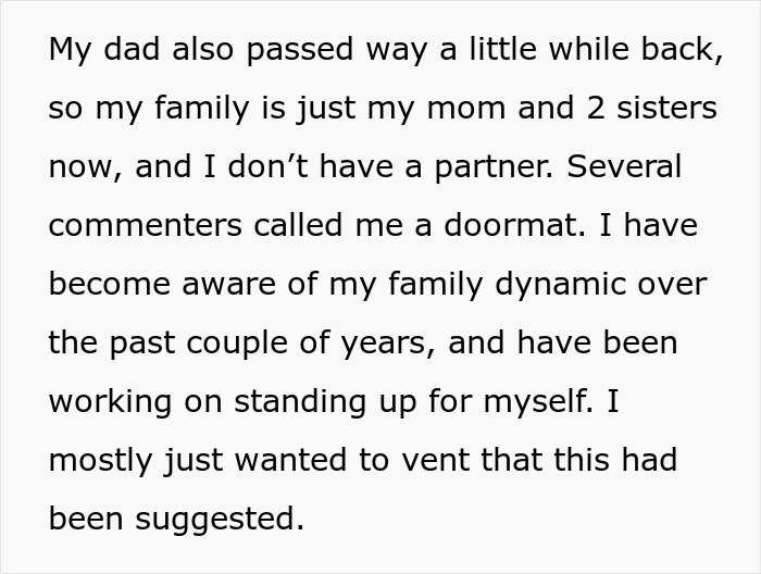 Text excerpt discussing family dynamics and standing up for oneself after a sister sabotaged birthday dinner. Text excerpt discussing family dynamics and standing up for oneself after a sister sabotaged birthday dinner.