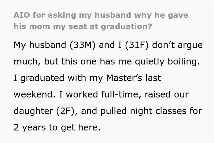 Woman’s graduation day disrupted after husband gives sister-in-law’s seat to his mom without explanation. Woman’s graduation day disrupted after husband gives sister-in-law’s seat to his mom without explanation.