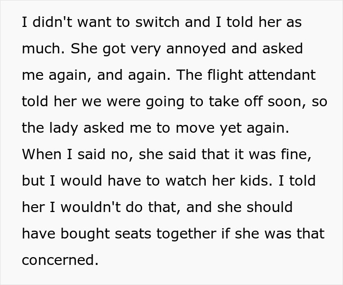 Passenger refusing to switch seats with a mother on an airplane and ignoring her children during the flight. Passenger refusing to switch seats with a mother on an airplane and ignoring her children during the flight.