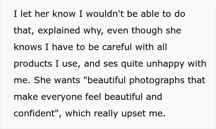 Text excerpt showing a bridesmaid refusing to hide psoriasis for bestie’s wedding, causing conflict over body makeup. Text excerpt showing a bridesmaid refusing to hide psoriasis for bestie’s wedding, causing conflict over body makeup.