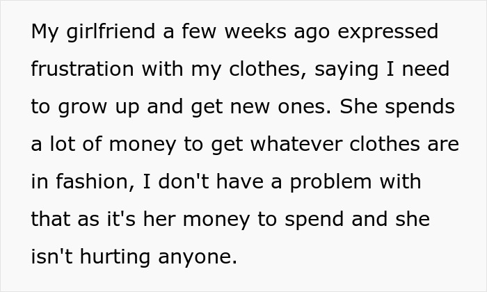 Text describing a girlfriend’s behaviour change in a relationship about clothes and spending habits.