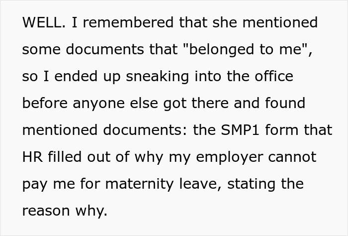 Text showing a woman finding secret documents proving her employer lied about maternity leave eligibility. Text showing a woman finding secret documents proving her employer lied about maternity leave eligibility.
