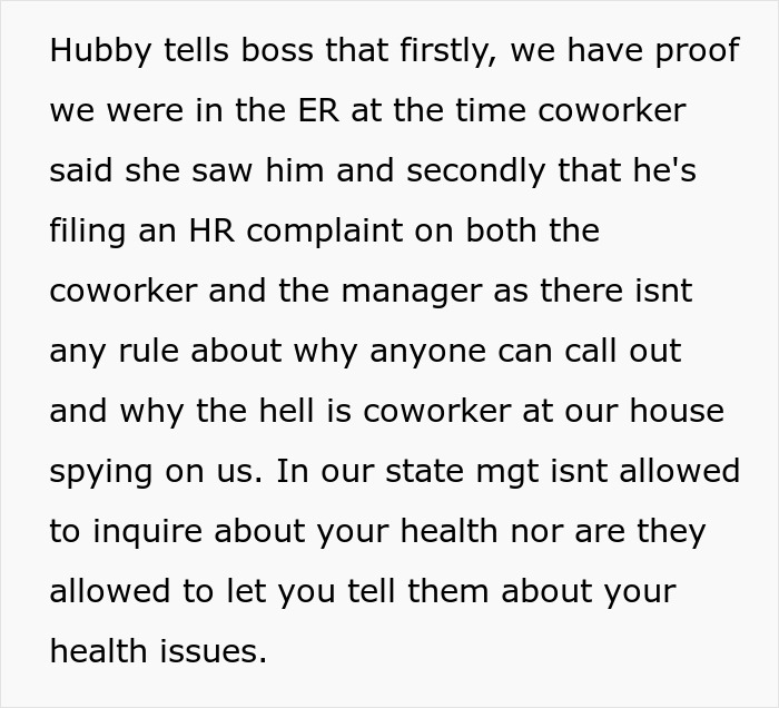 Text explaining a woman stalking colleague to confirm he is sick, leading to regret after reporting him at work. Text explaining a woman stalking colleague to confirm he is sick, leading to regret after reporting him at work.