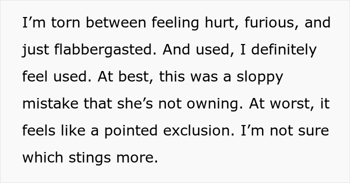 Text expressing shock and hurt from mother of ring bearer after bride excludes her from guest list despite RSVP and help.